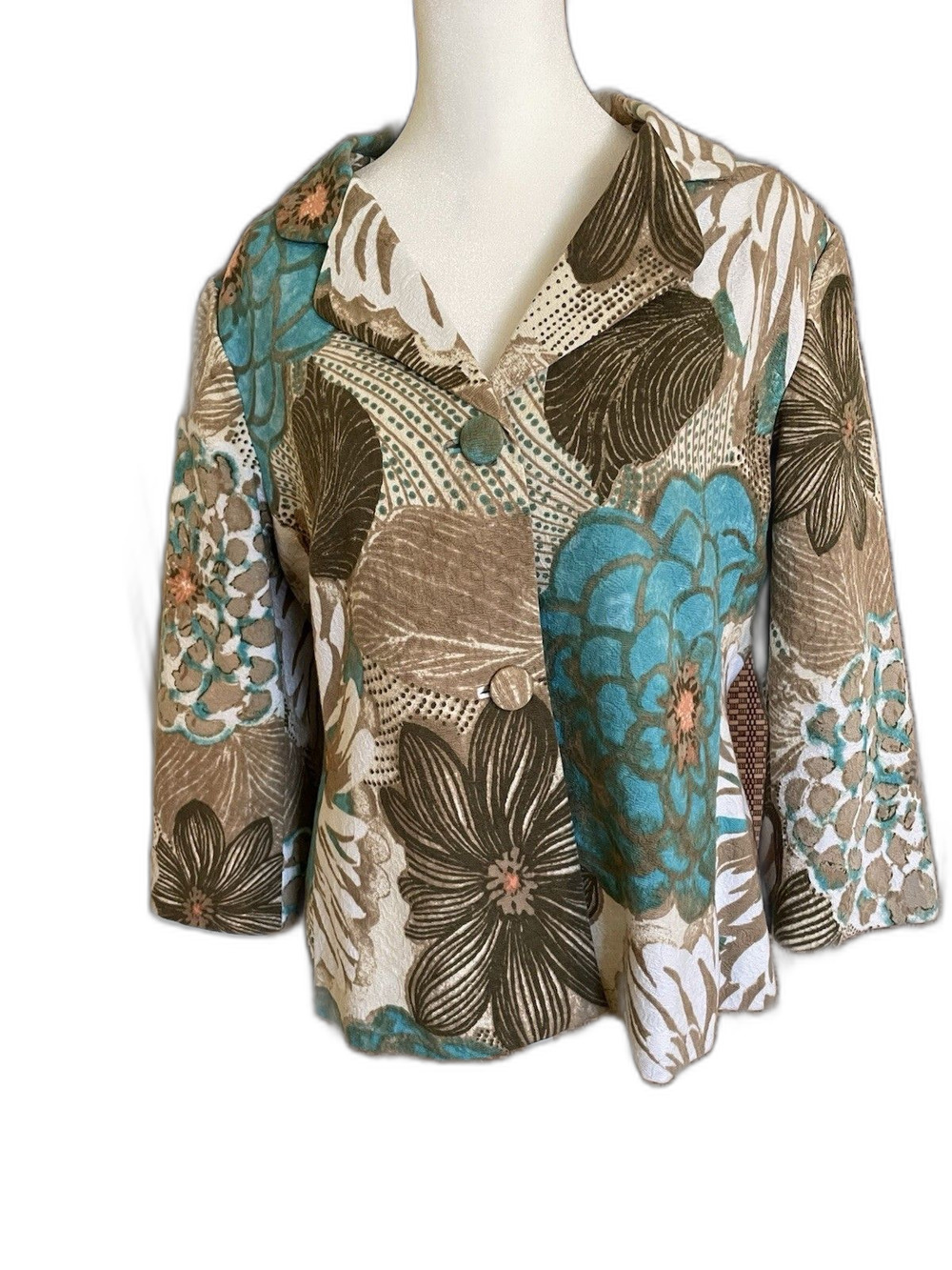 Chicos Blazer Women Size 1 Brown Blue Floral Pattern Cotton Polyester Lined